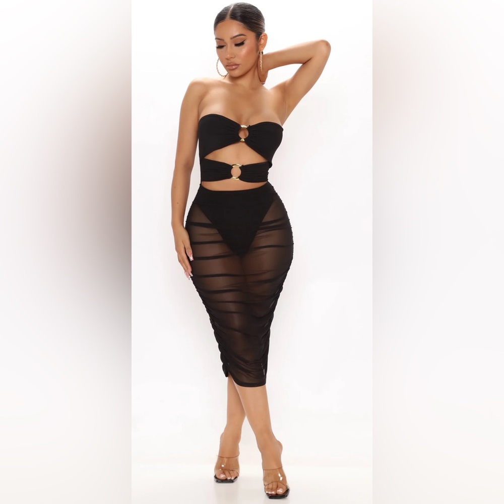 Black Strapless Cutout Sheer Bodycon Midi Dress